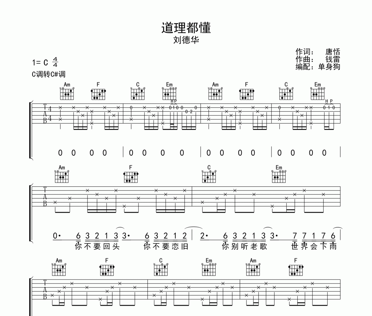 道理都懂吉他谱 刘德华《道理都懂》六线谱C调