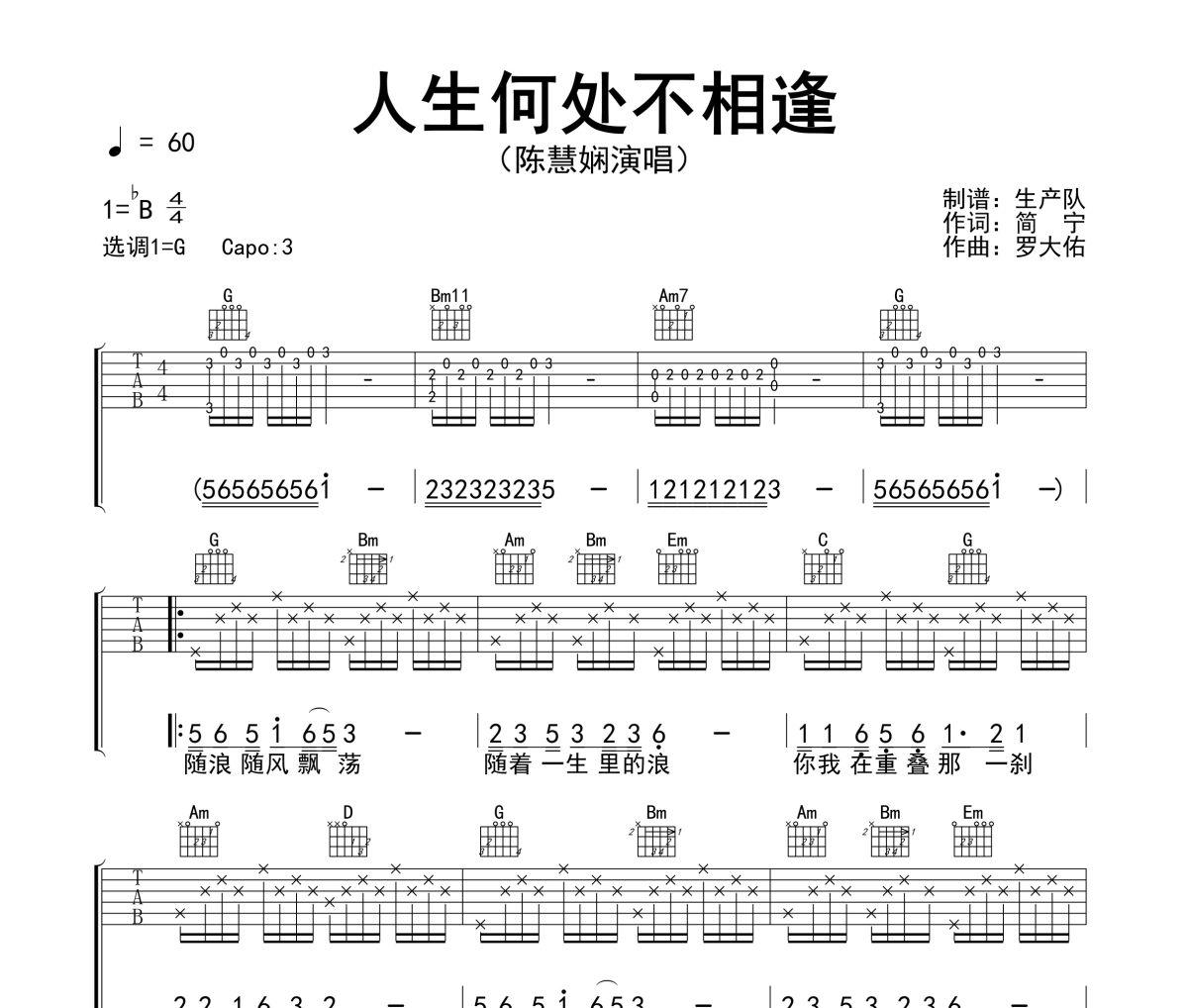 人生何处不相逢吉他谱 陈慧娴《人生何处不相逢》六线谱G调吉他谱