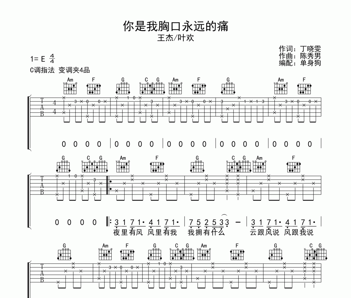 你是我胸口永远的痛吉他谱 王杰/叶欢-你是我胸口永远的痛C调弹唱谱