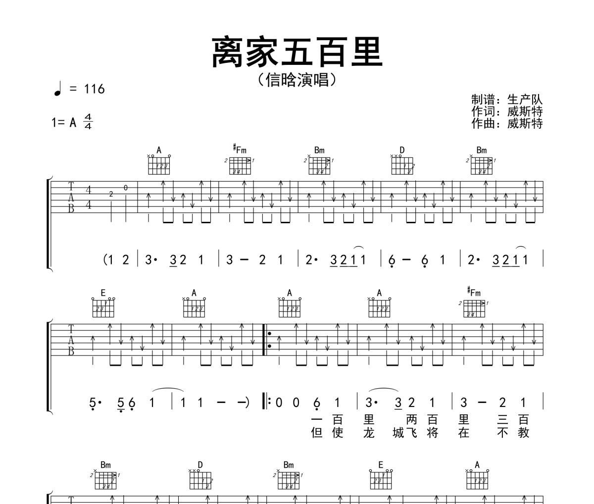 离家五百里吉他谱 信晗《离家五百里》六线谱A调指法编配吉他谱