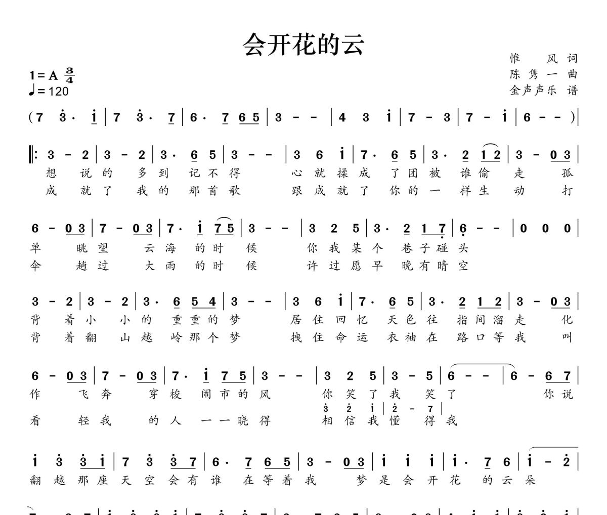 会开花的云简谱 王樾安《会开花的云》简谱+动态视频A调