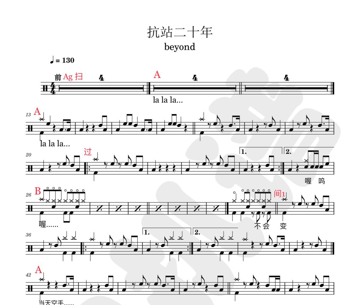 抗战二十年鼓谱 beyond《抗战二十年》架子鼓|爵士鼓|鼓谱