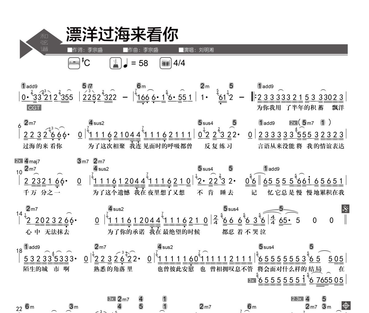 漂洋过海来看你简谱 刘明湘-漂洋过海来看你简谱C调