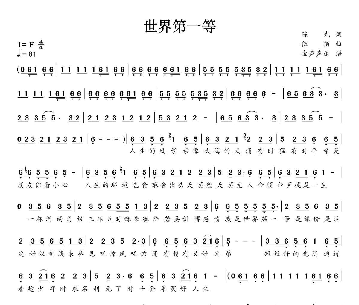 世界第一等简谱 刘德华《世界第一等》简谱+动态视频
