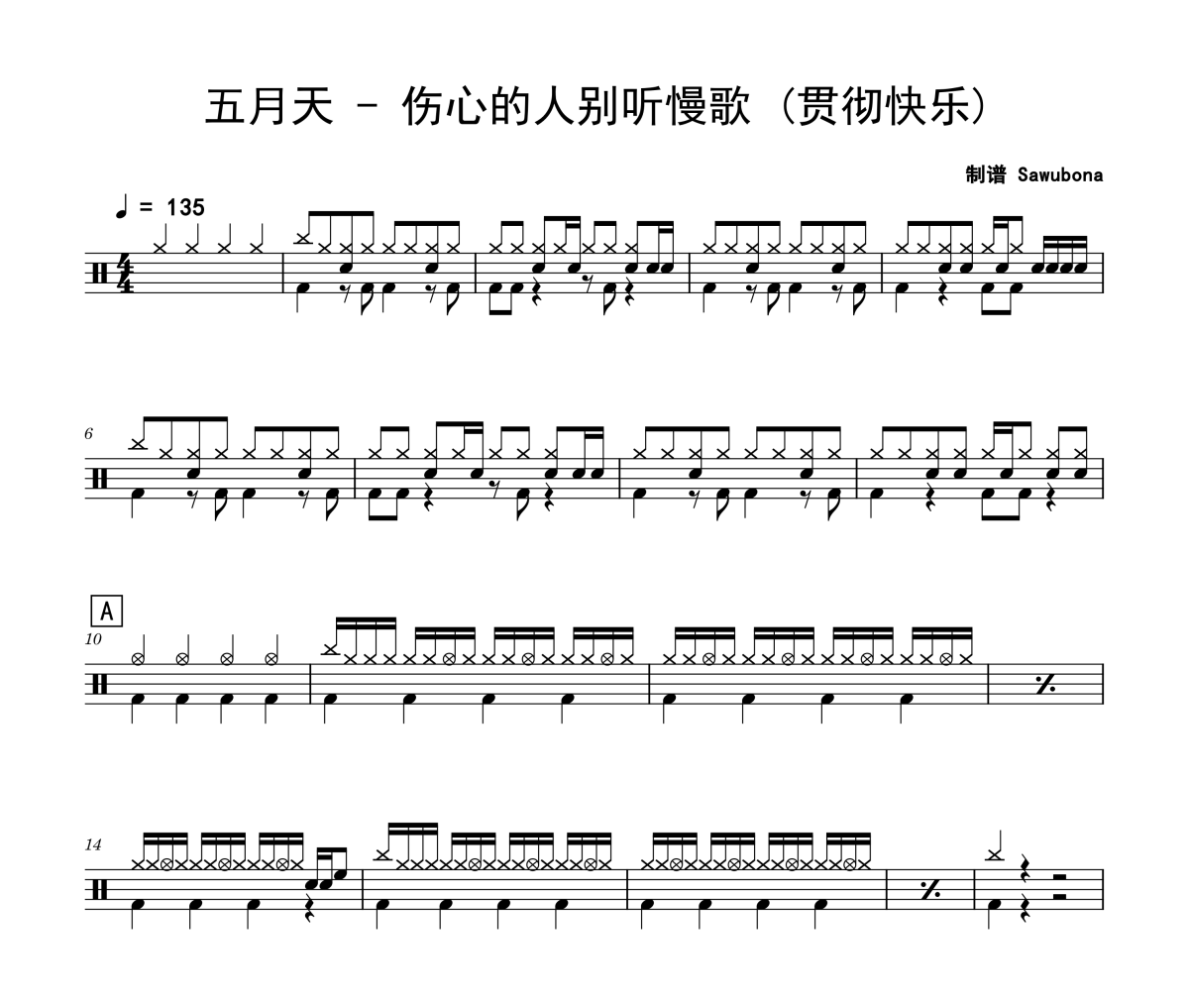 伤心的人别听慢歌 鼓谱 五月天-伤心的人别听慢歌 (贯彻快乐)架子鼓|爵士鼓|鼓谱