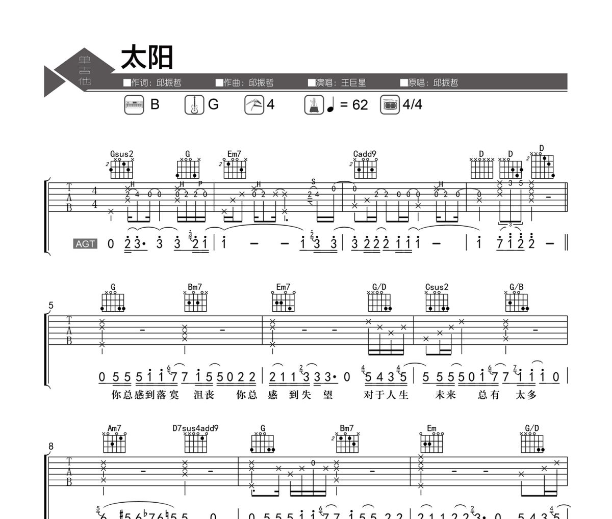 太阳吉他谱 王巨星-太阳六线谱 老杨教吉他