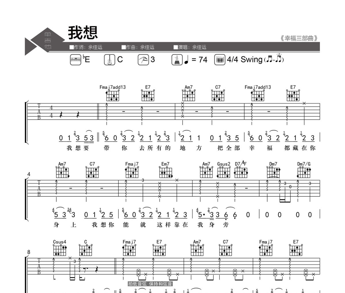 我想吉他谱 余佳运-我想六线谱|吉他谱 老杨教吉他