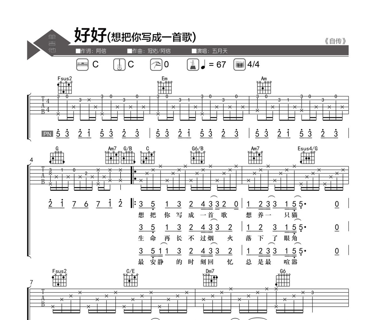好好 吉他谱 五月天-好好(想把你写成一首歌)六线谱|吉他谱 老杨教吉他