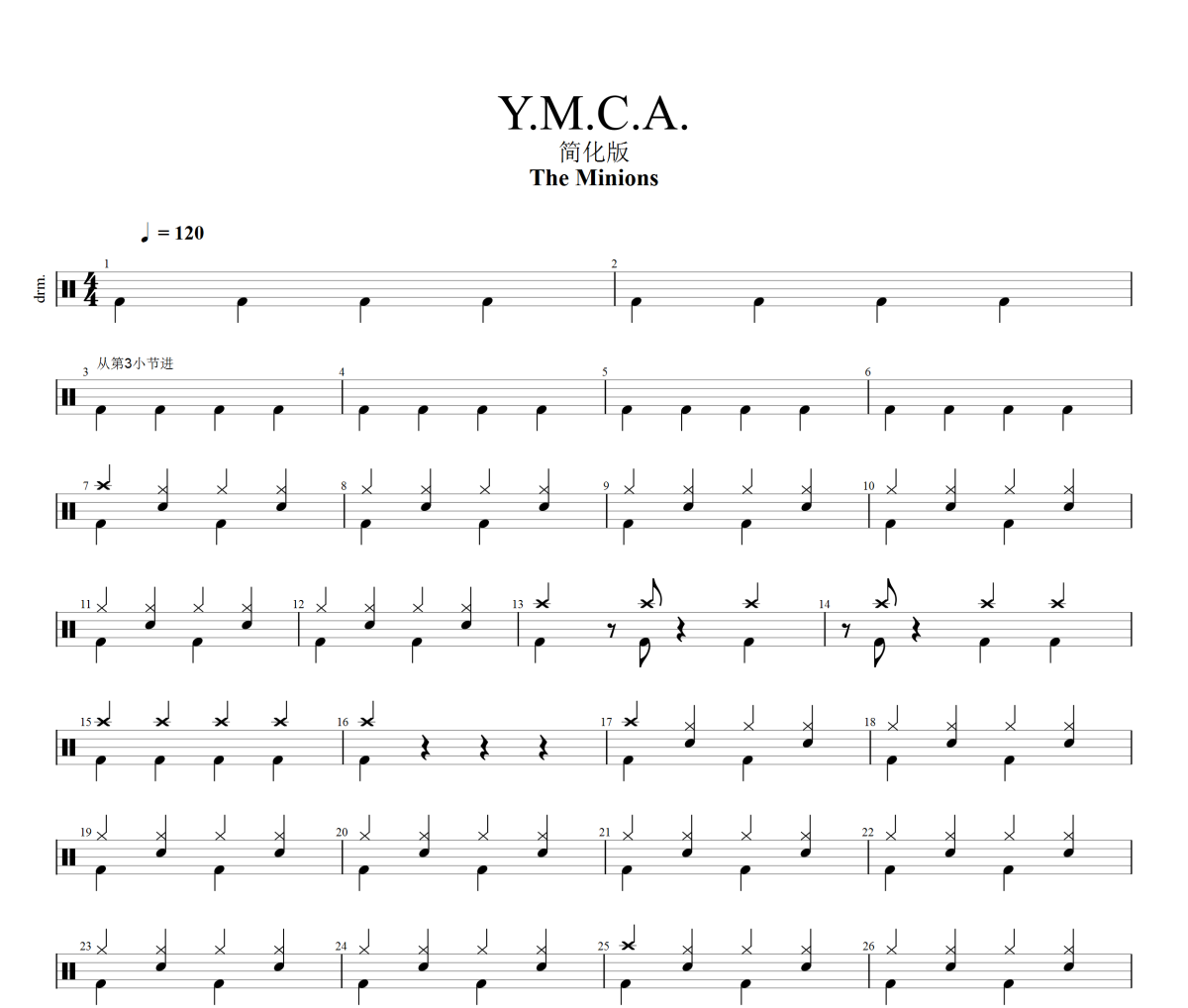 Y.M.C.A.鼓谱 The Minions《Y.M.C.A.》架子鼓|爵士鼓|鼓谱+动态视频