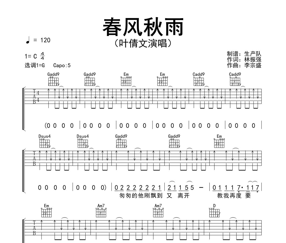 春风秋雨吉他谱 叶倩文《春风秋雨》六线谱G调指法编配吉他谱