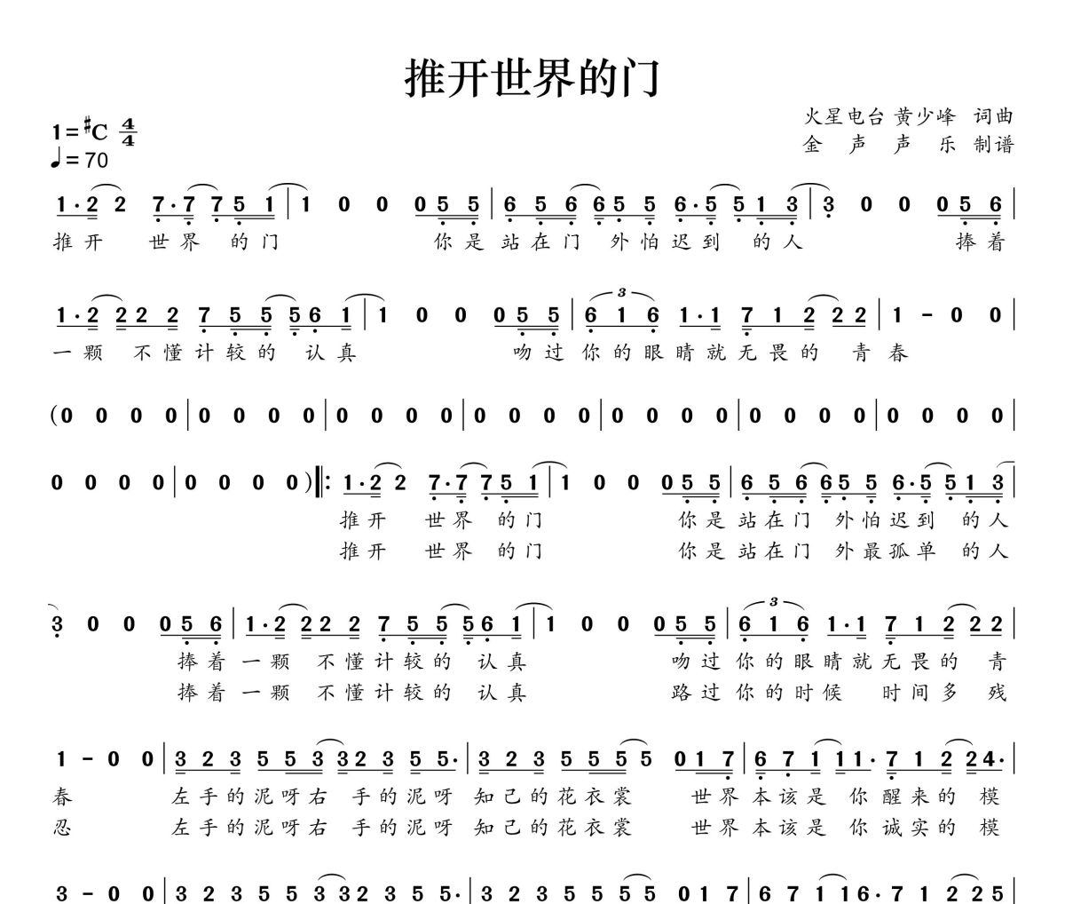 推开世界的门简谱 杨乃文《推开世界的门》简谱#C调