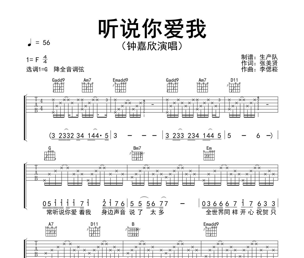 听说你爱我吉他谱 钟嘉欣《听说你爱我》六线谱G调指法编配吉他谱