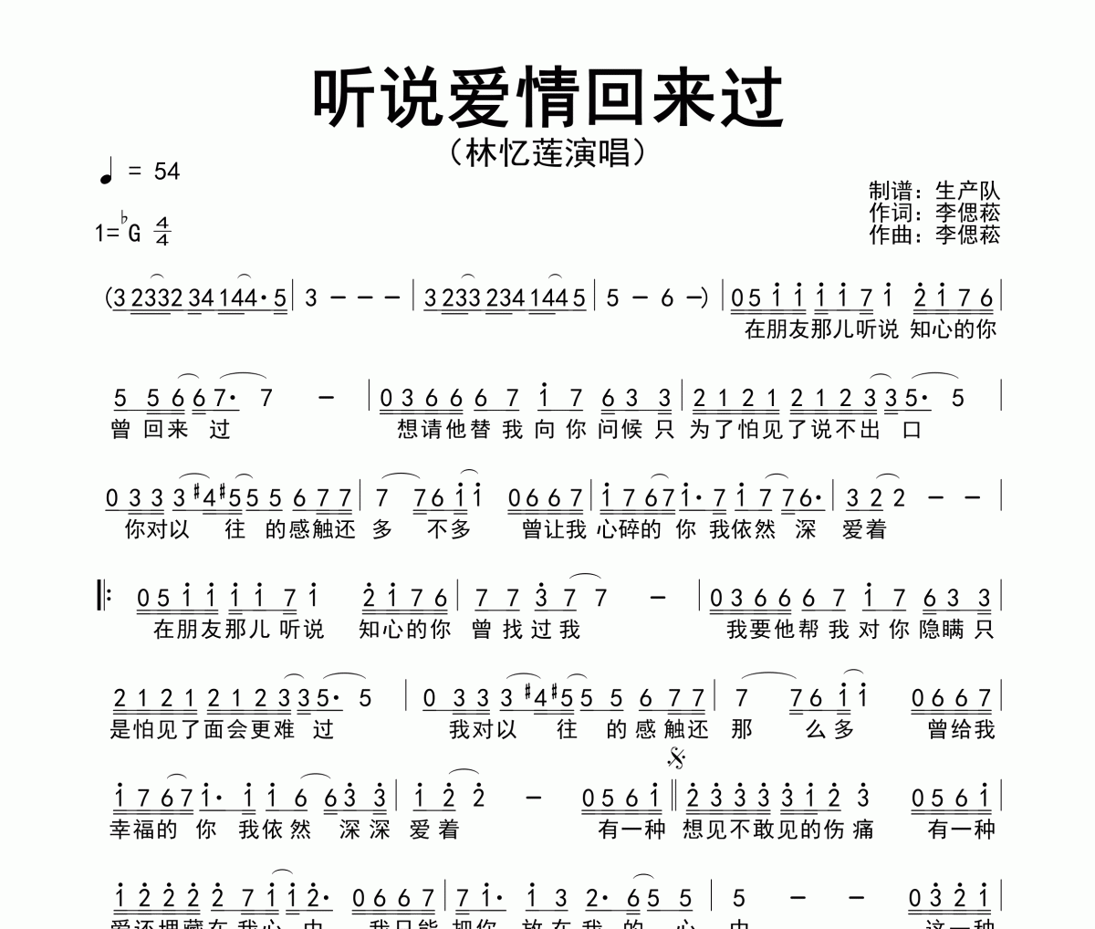 听说爱情回来过简谱 林忆莲《听说爱情回来过》简谱降G调