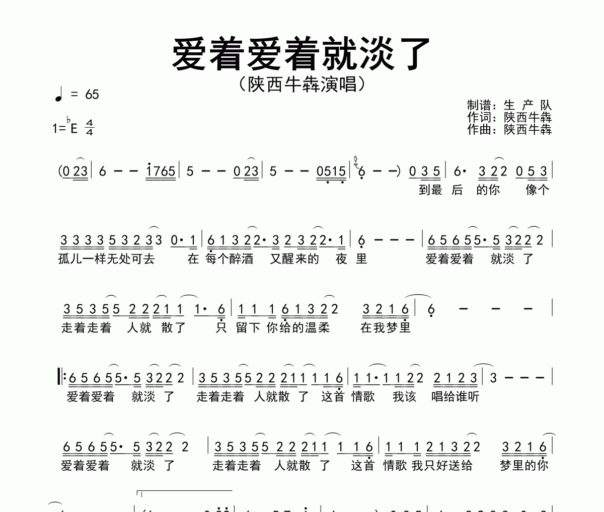 爱着爱着就淡了简谱 陕西牛犇《爱着爱着就淡了》简谱降E调