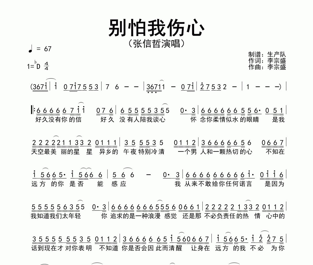 别怕我伤心简谱 张信哲-别怕我伤心简谱降D调