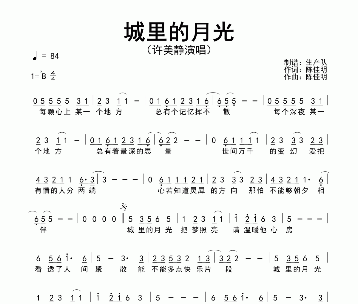 城里的月光简谱 许美静《城里的月光》简谱降B调