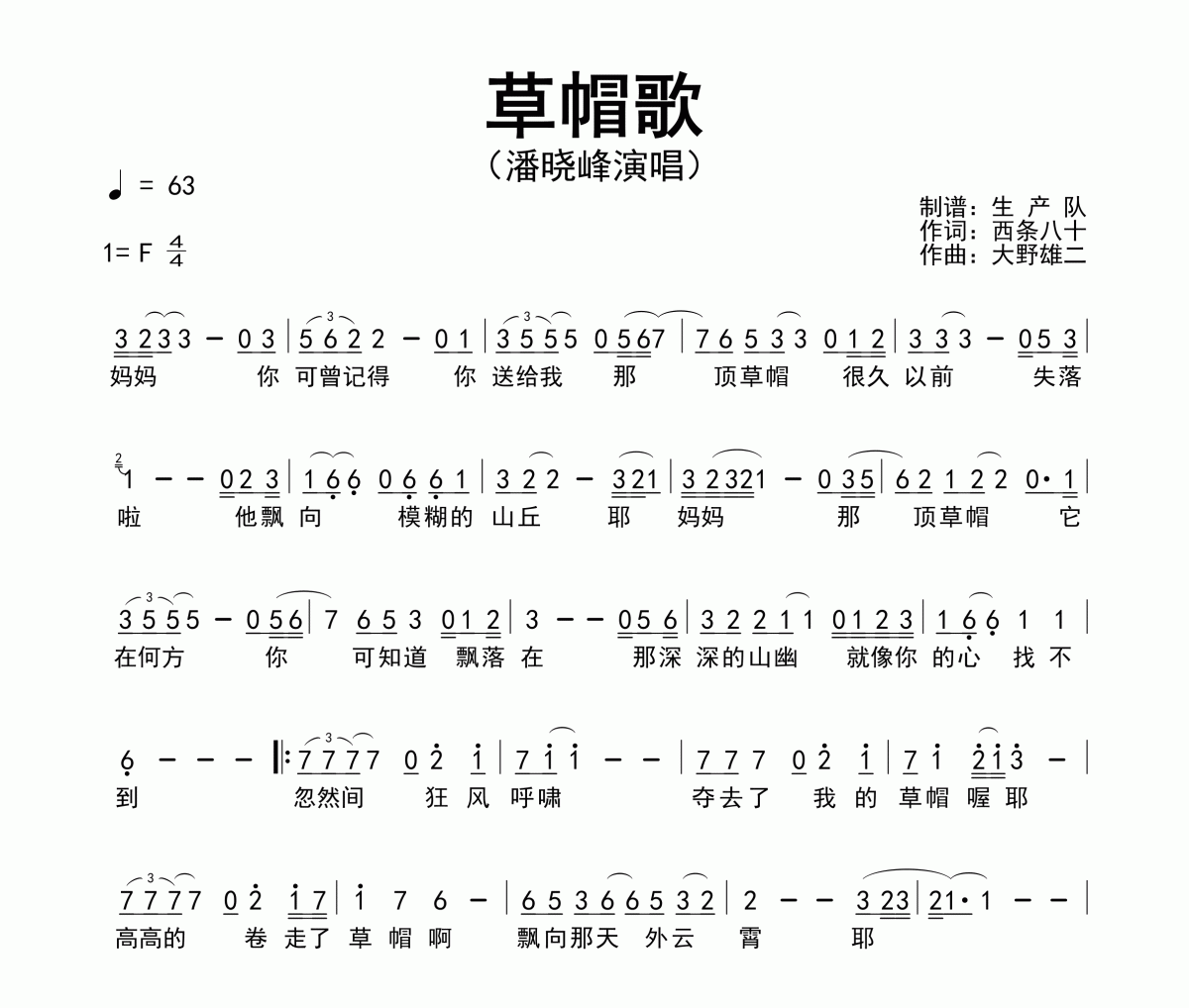草帽歌简谱 潘晓峰《草帽歌》简谱F调