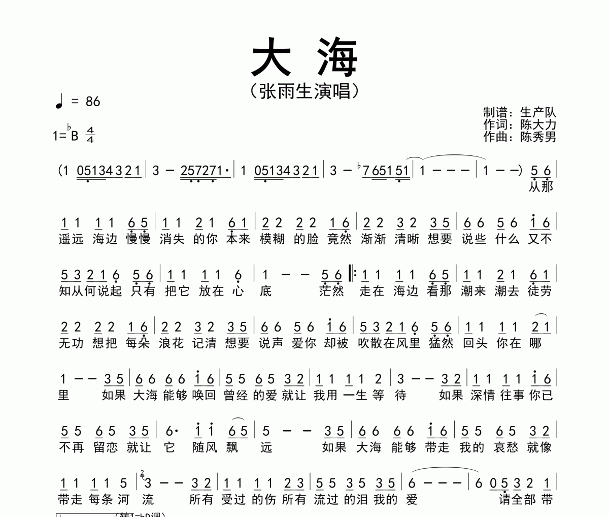 大海简谱 张雨生《大海》简谱降B调