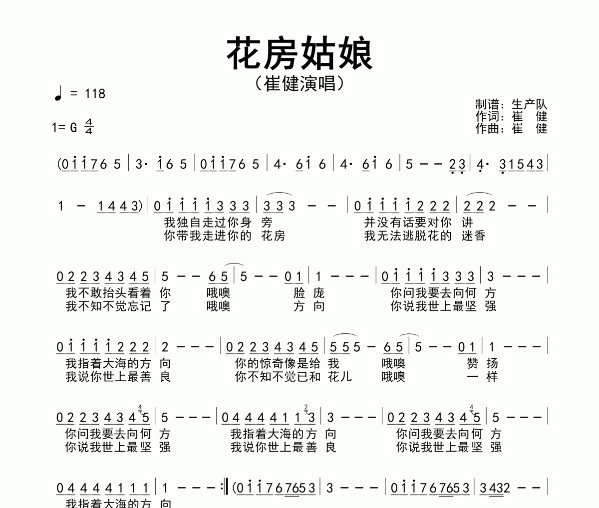 花房姑娘简谱 崔健-花房姑娘简谱G调