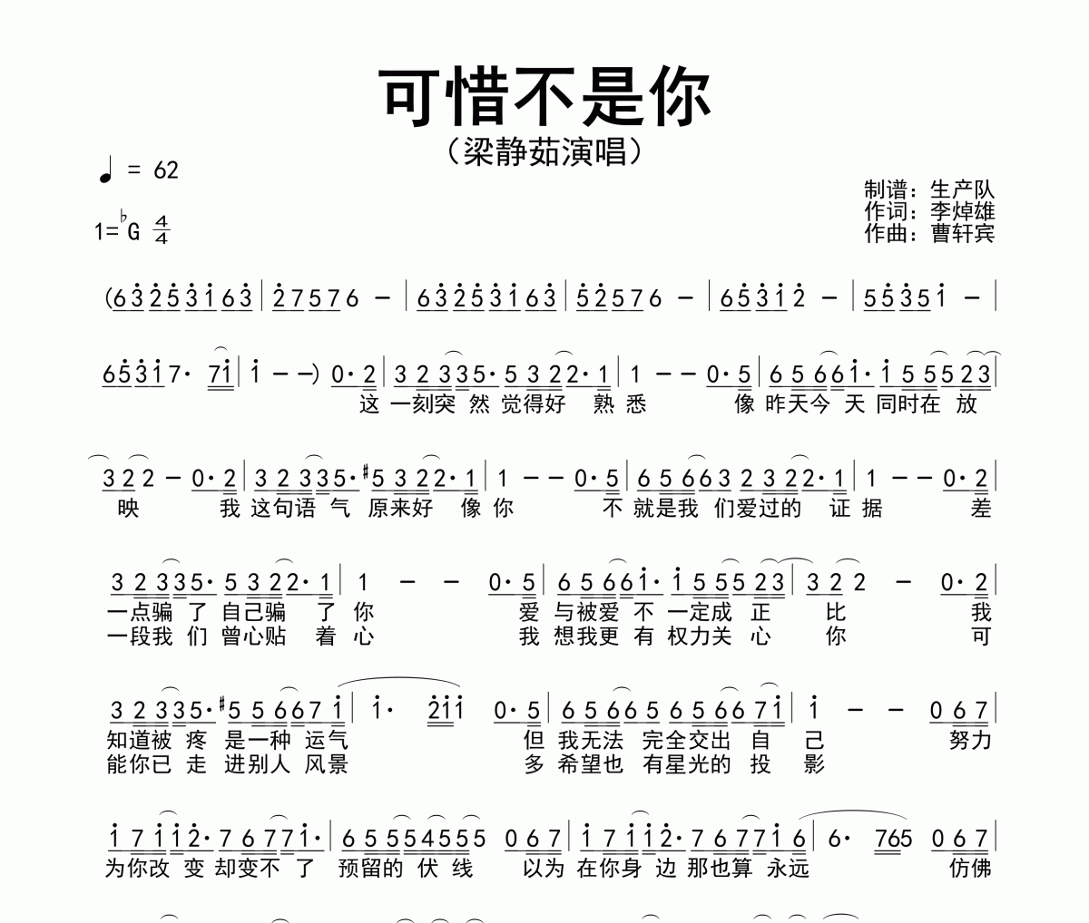 可惜不是你简谱 梁静茹-可惜不是你简谱降G调