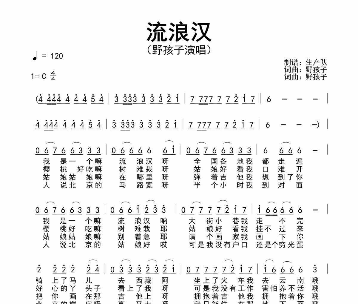 流浪汉简谱 野孩子-流浪汉简谱C调