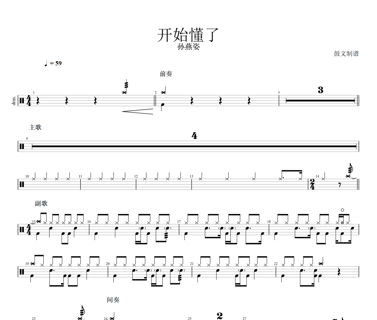 开始懂了鼓谱 孙燕姿《开始懂了》架子鼓|爵士鼓|鼓谱