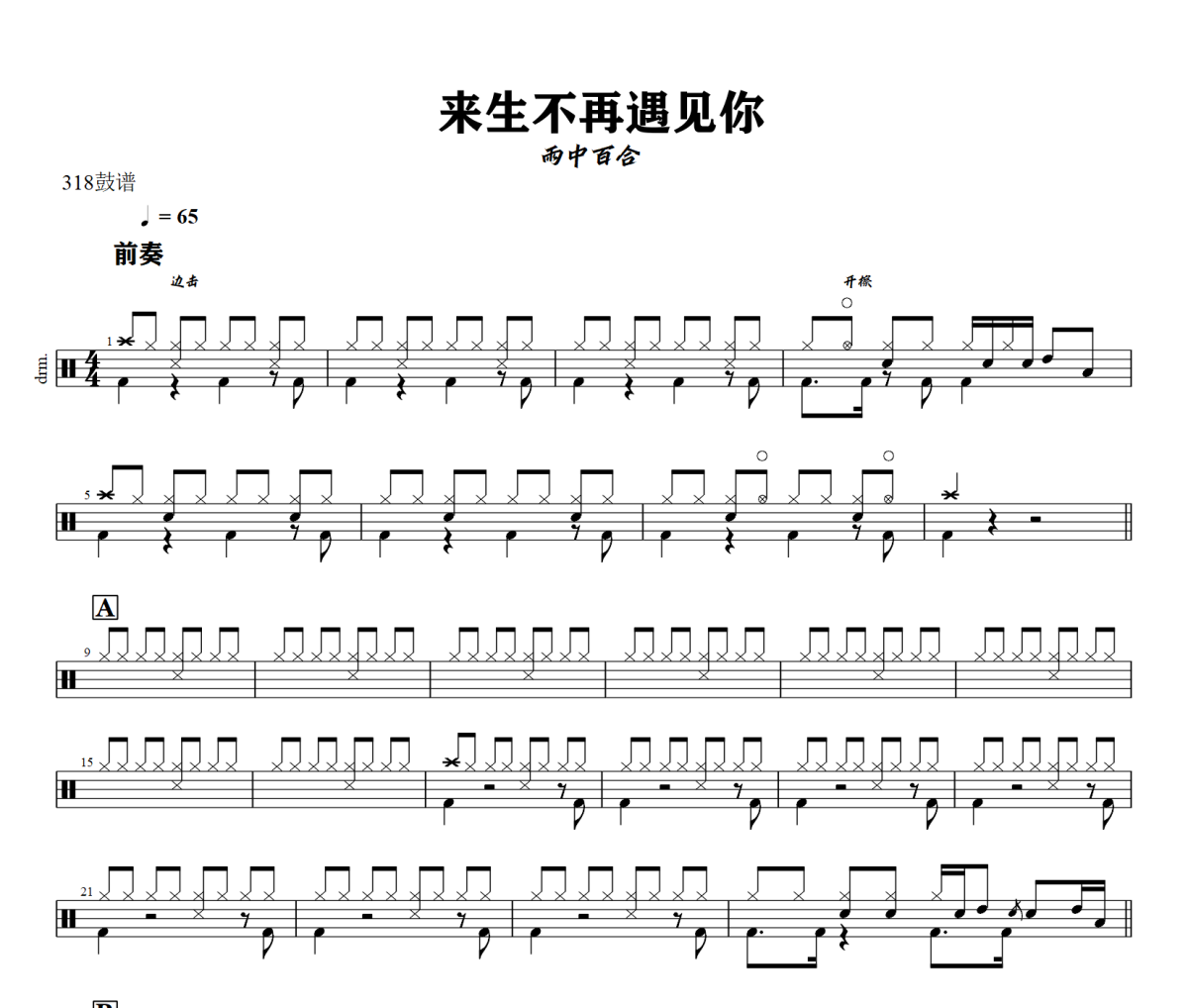 来生不再遇见你鼓谱 雨中百合-来生不再遇见你爵士鼓谱+动态视频 318鼓谱