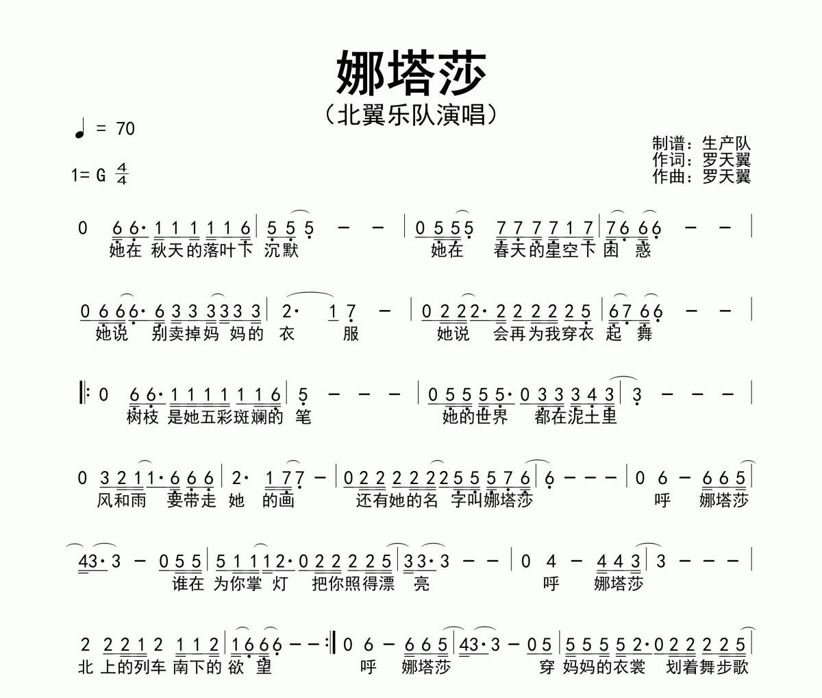 娜塔莎简谱 北翼乐队-娜塔莎简谱G调