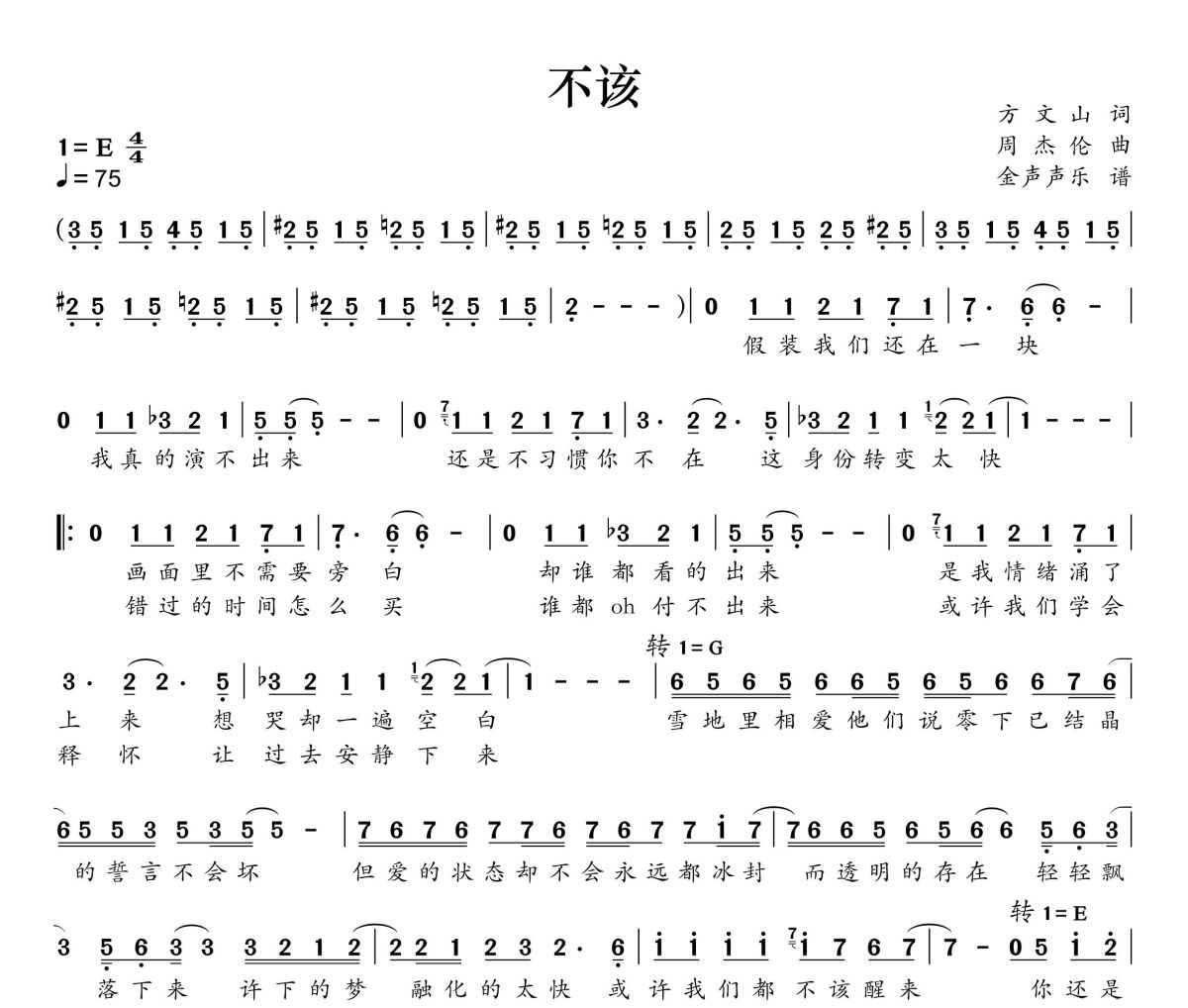 不该简谱 周杰伦、张惠妹《不该》简谱+动态视频 E调