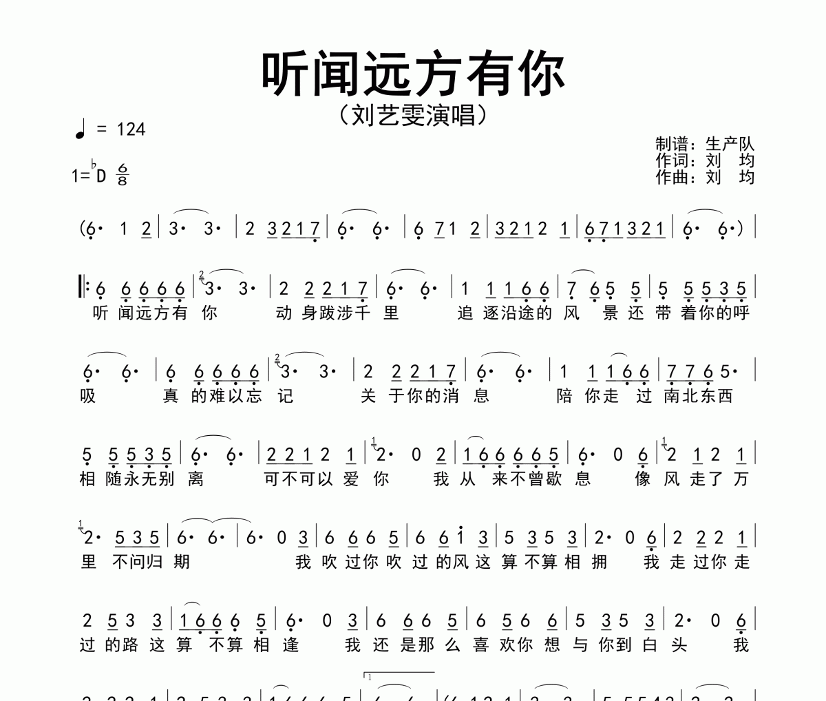 听闻远方有你简谱 刘艺雯-听闻远方有你简谱降D调