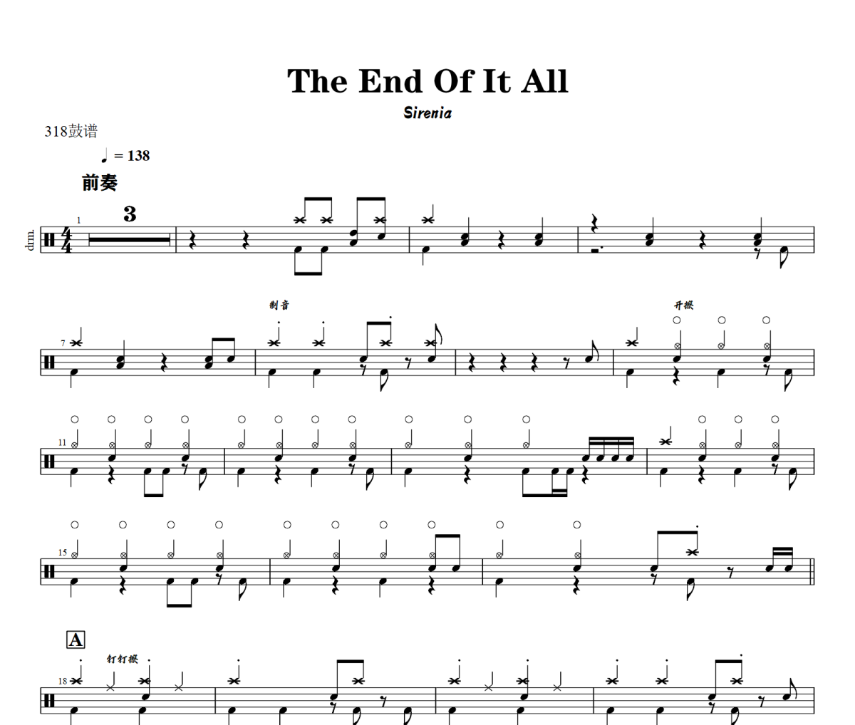 The End Of It All鼓谱 Sirenia-The End Of It All爵士鼓谱+动态视频 318鼓谱
