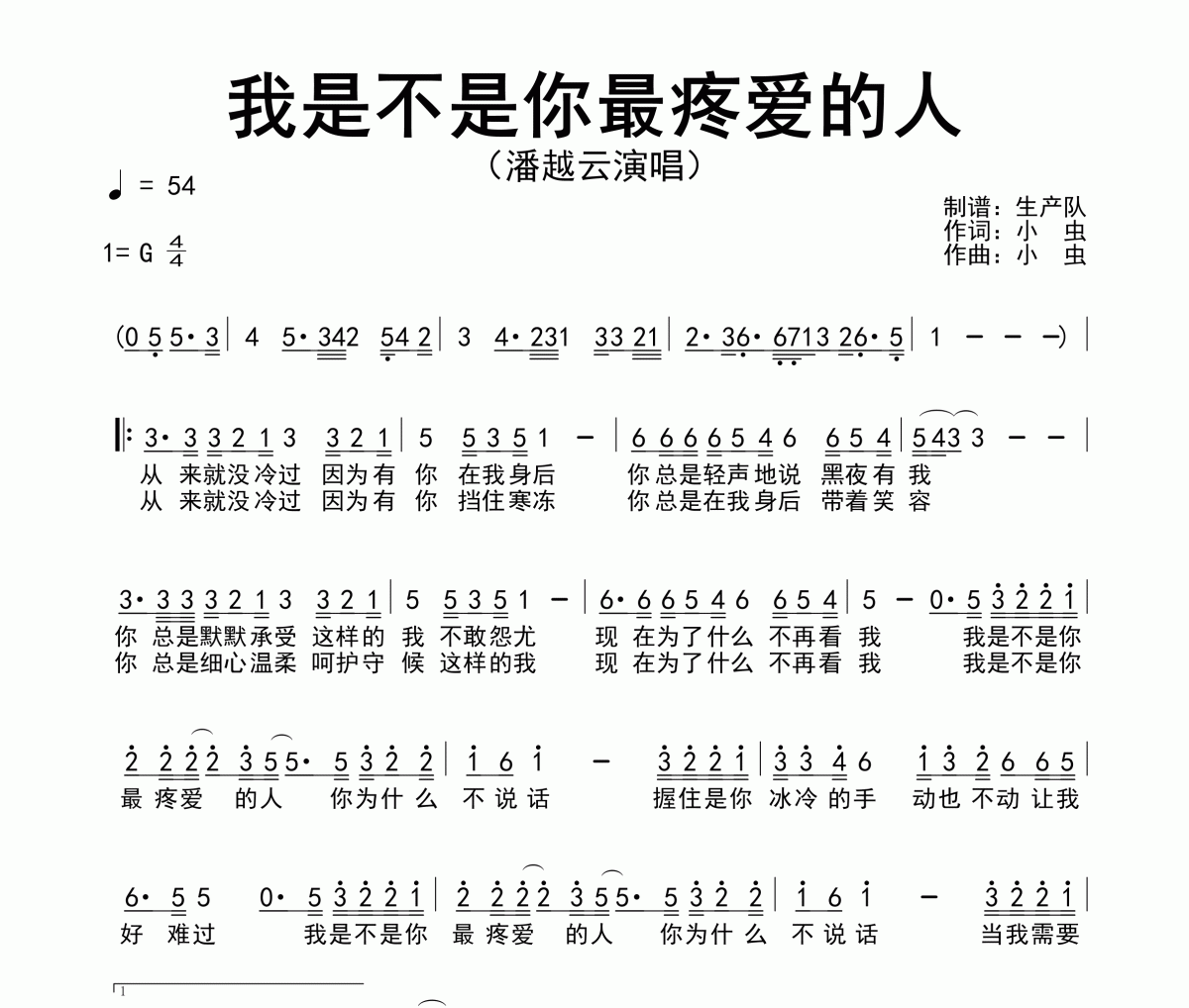 我是不是你最疼爱的人简谱 潘越云-我是不是你最疼爱的人简谱G调
