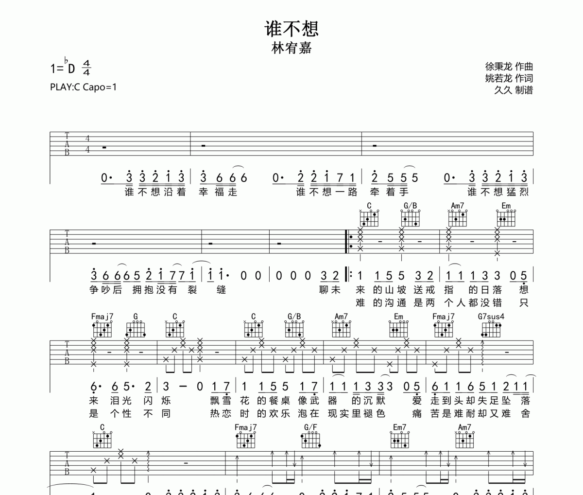 底牌吉他谱 Max / 邹沛沛《底牌》六线谱C调指法编配吉他谱