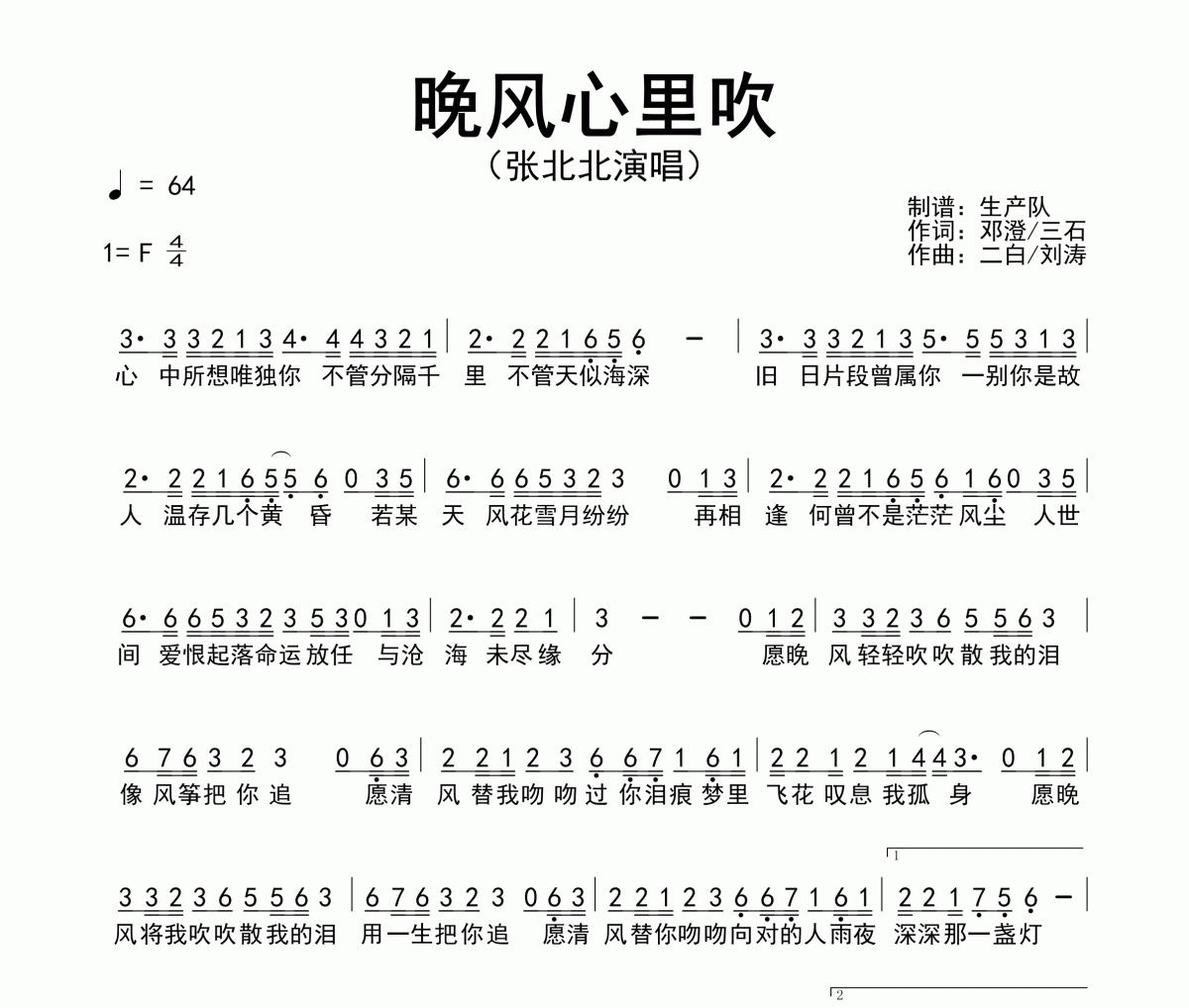 晚风心里吹简谱 张北北《晚风心里吹》简谱F调