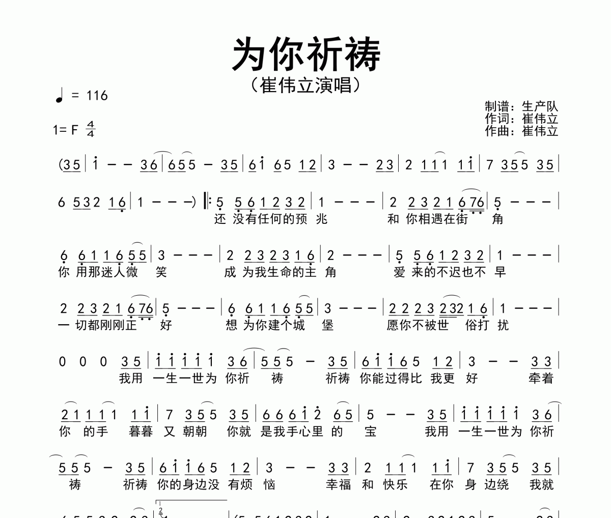 为你祈祷简谱 崔伟立《为你祈祷》简谱F调