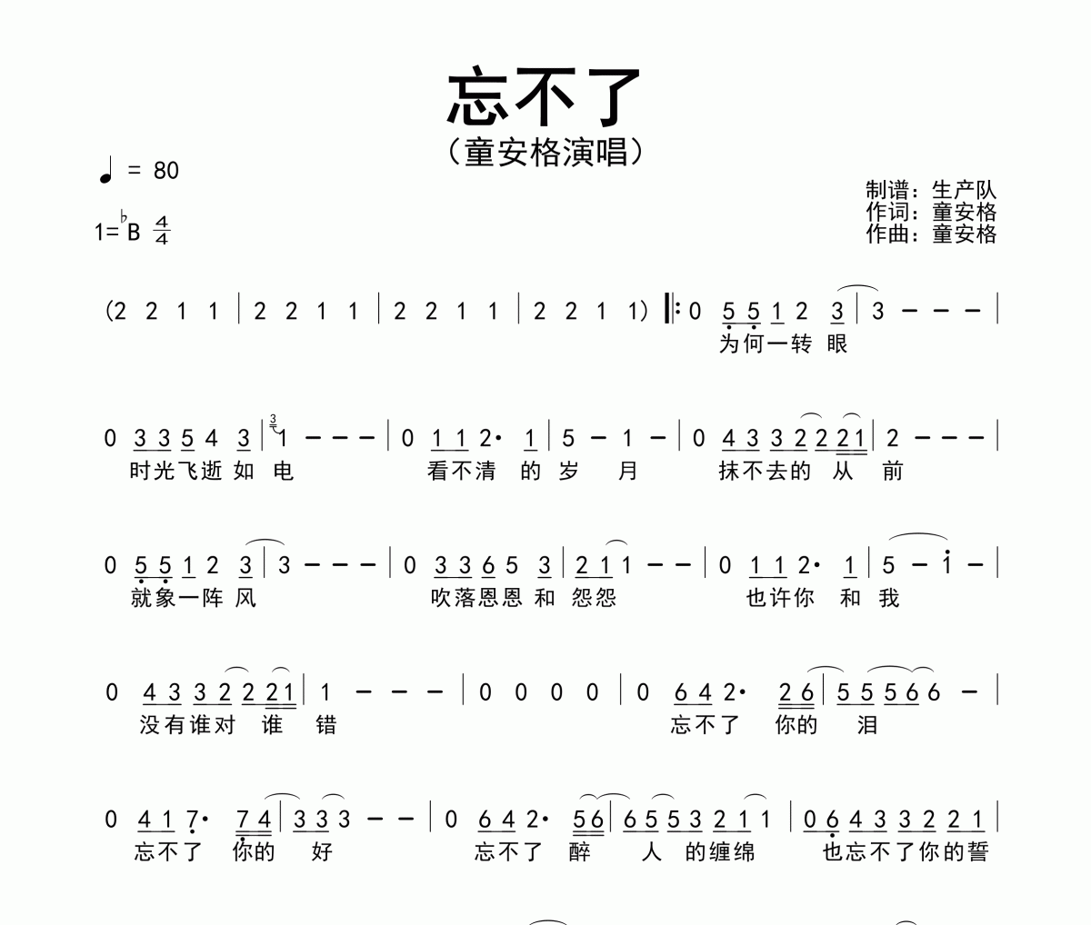 忘不了简谱 童安格《忘不了》简谱降B调