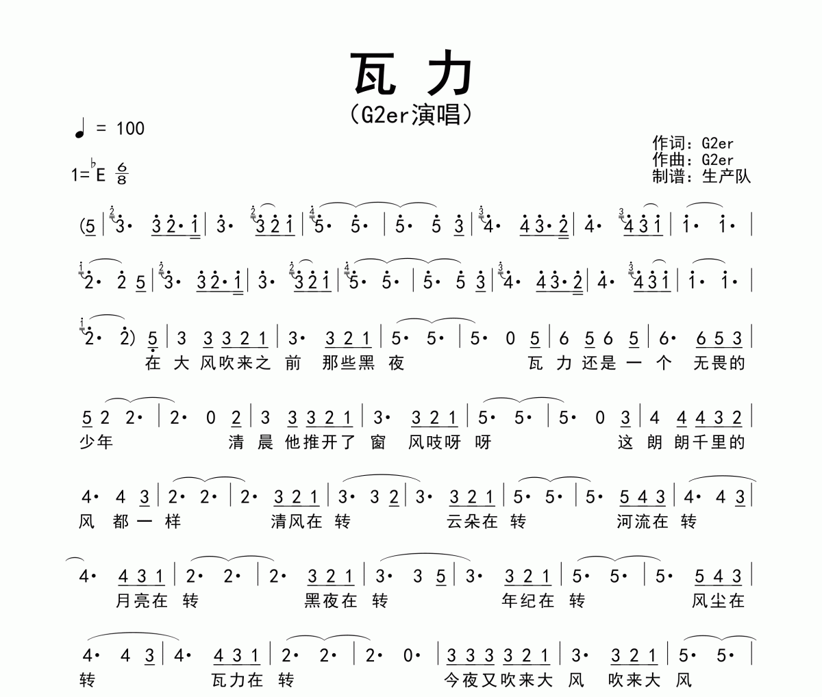 瓦力简谱 G2er演唱的歌曲《瓦力》简谱。《瓦力》简谱降E调