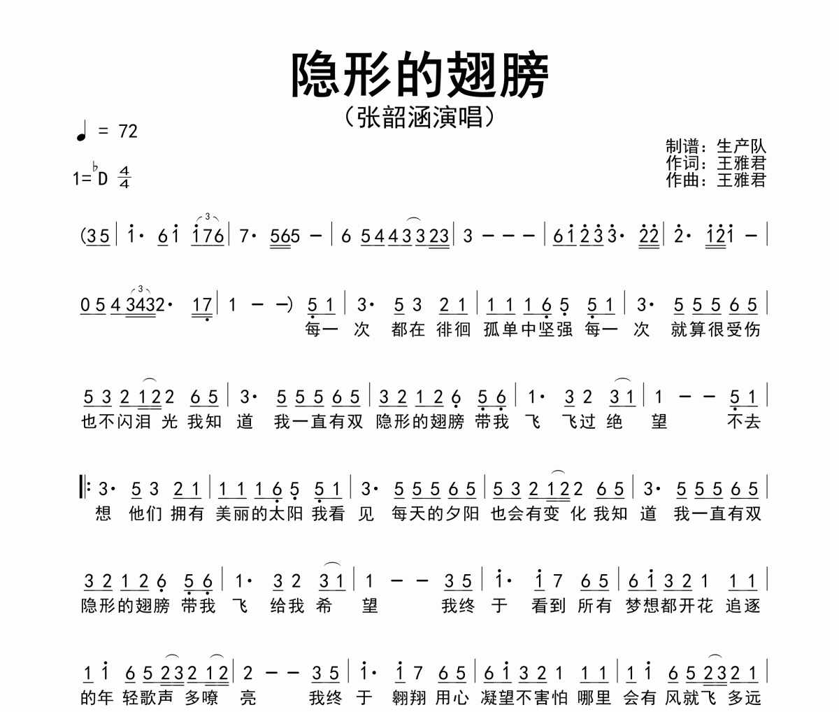 隐形的翅膀简谱 张韶涵《隐形的翅膀》简谱降D调