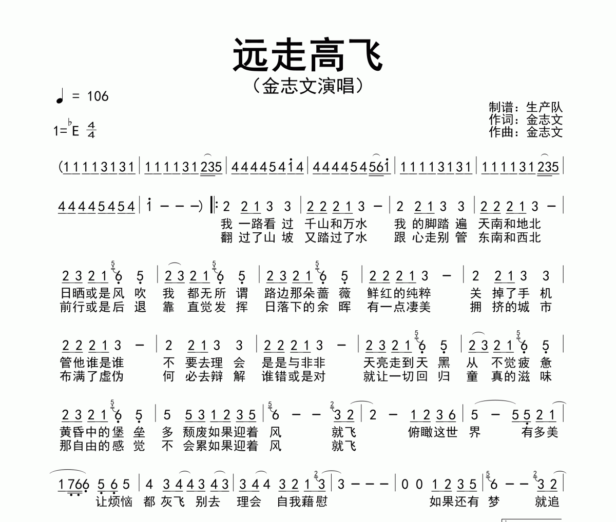 远走高飞简谱 金志文《远走高飞》简谱降E调