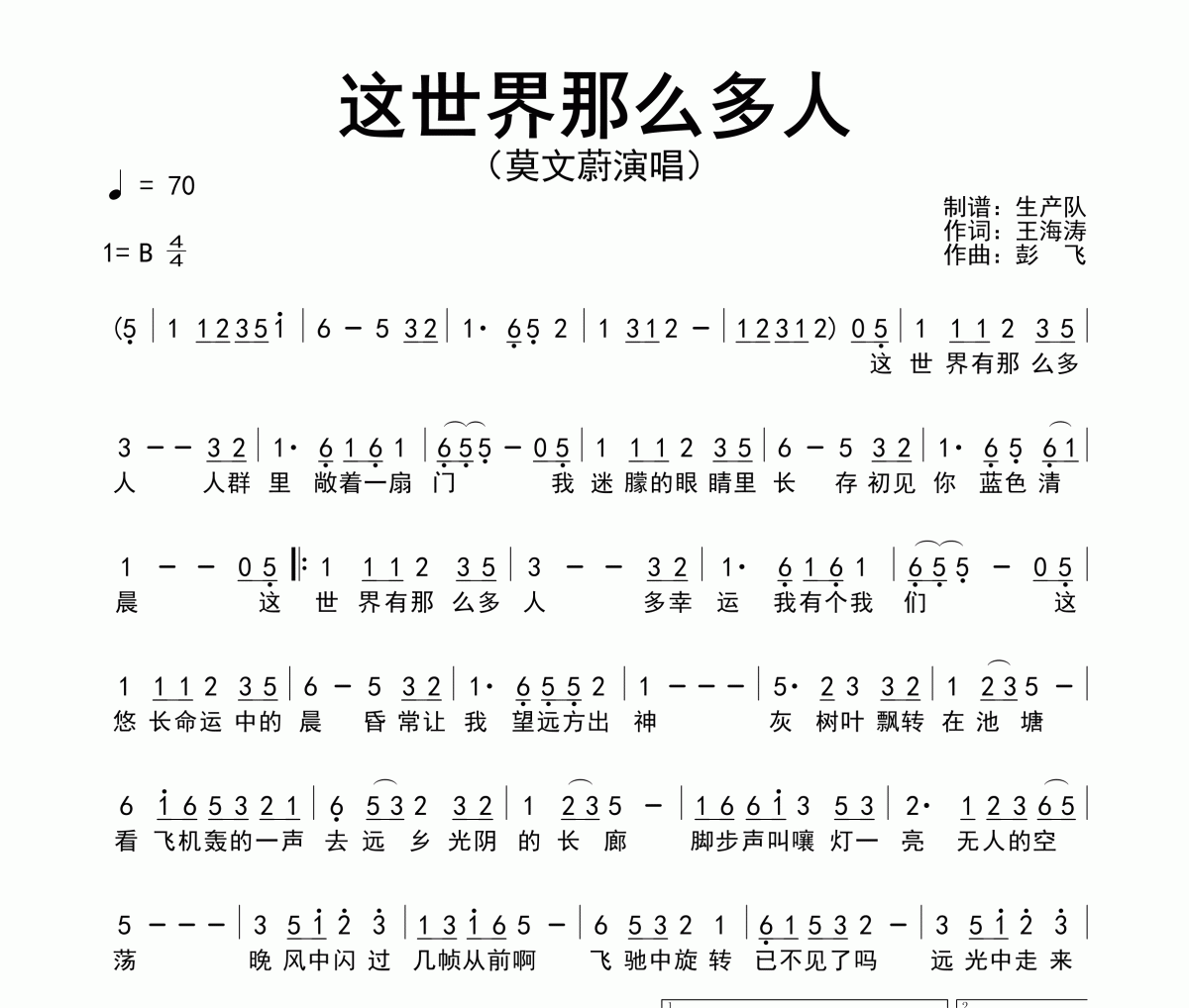 这世界那么多人简谱 莫文蔚-这世界那么多人简谱B调