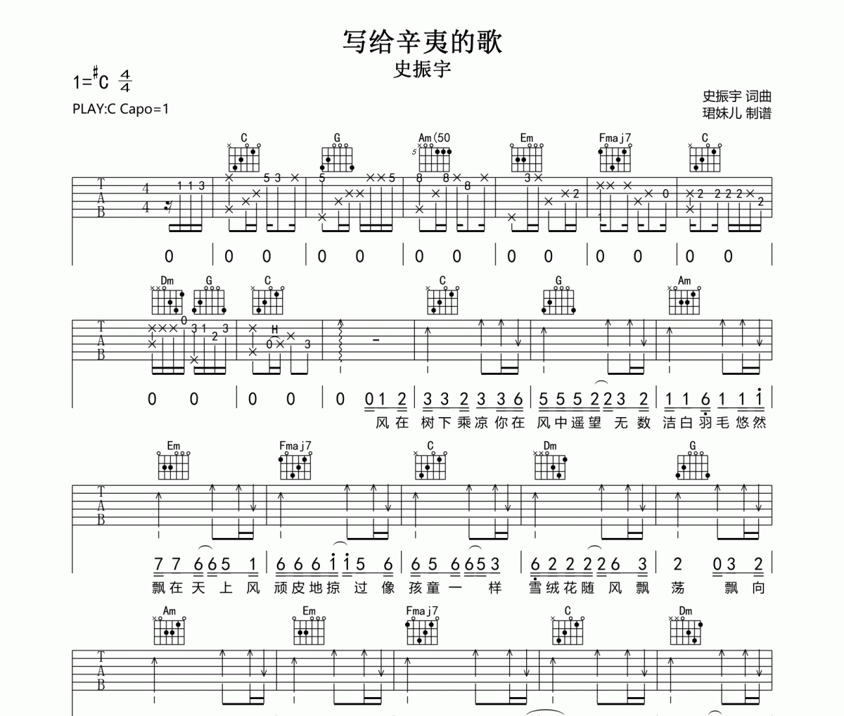 写给辛夷的歌吉他谱 史振宇-写给辛夷的歌六线谱C调指法编配吉他谱