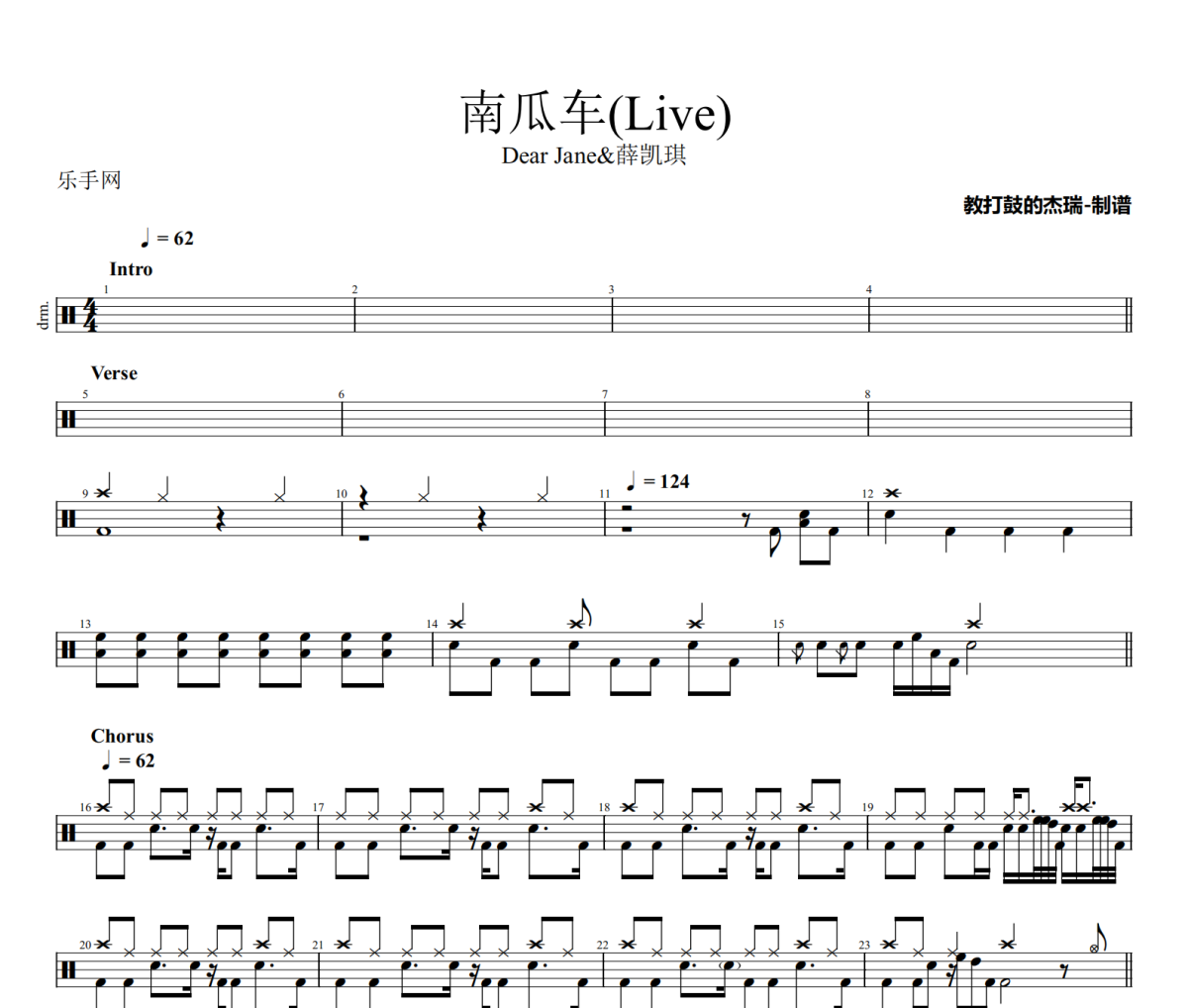 南瓜车鼓谱 Dear Jane&薛凯琪《南瓜车》(Live)架子鼓|爵士鼓|鼓谱