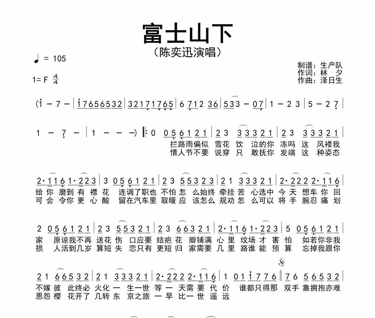 富士山下简谱 陈奕迅《富士山下》简谱F调