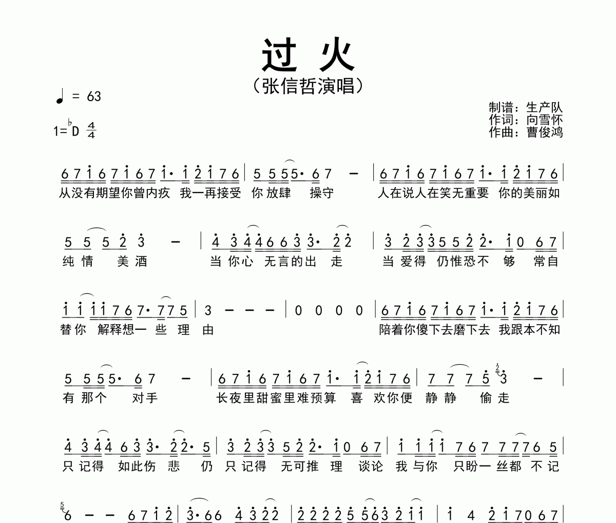 过火简谱 张信哲《过火》(粤语版)简谱降D调