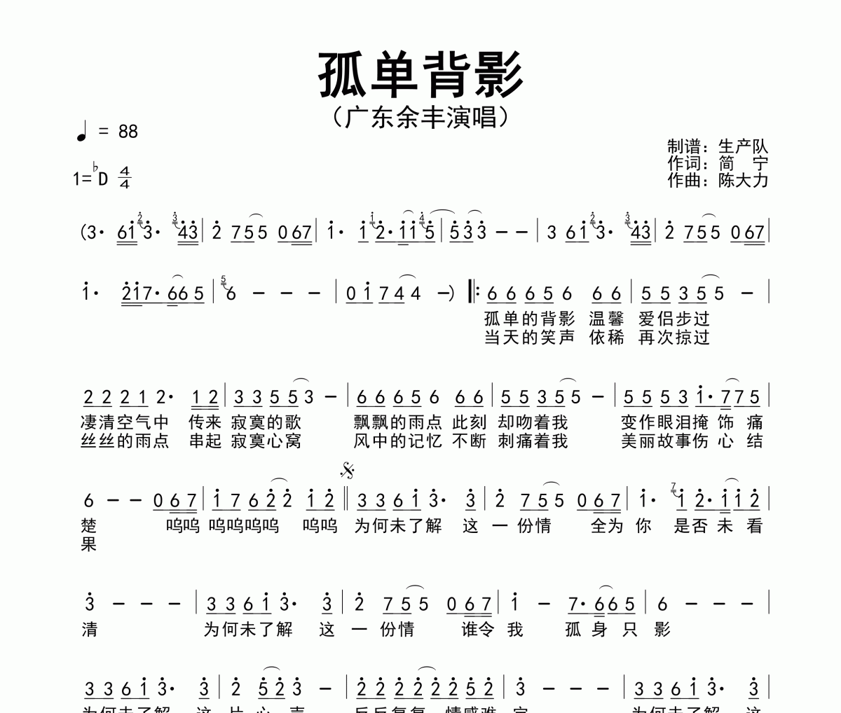 孤单背影简谱 广东余丰《孤单背影》简谱降D调