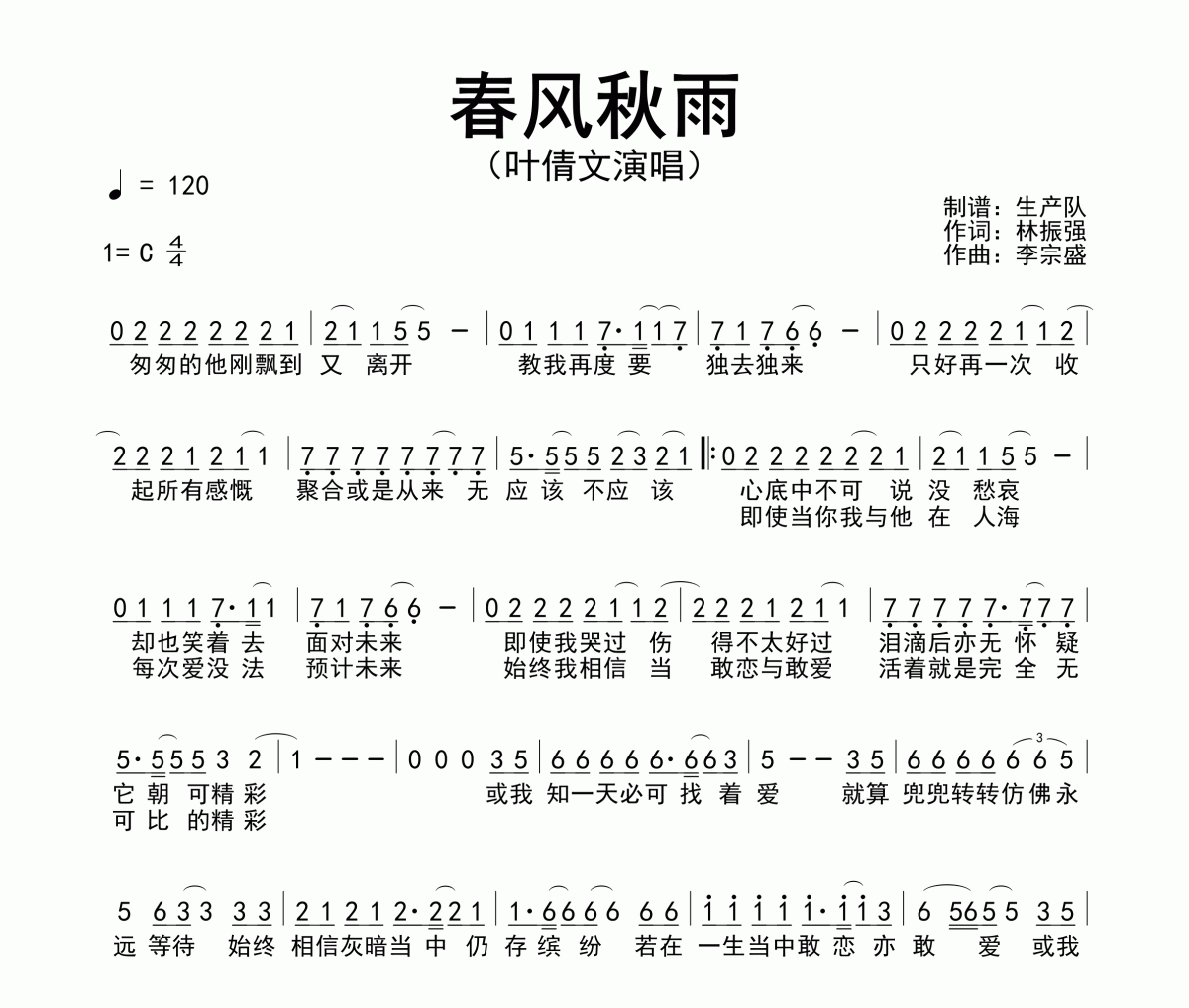 春风秋雨简谱 叶倩文《春风秋雨》简谱C调