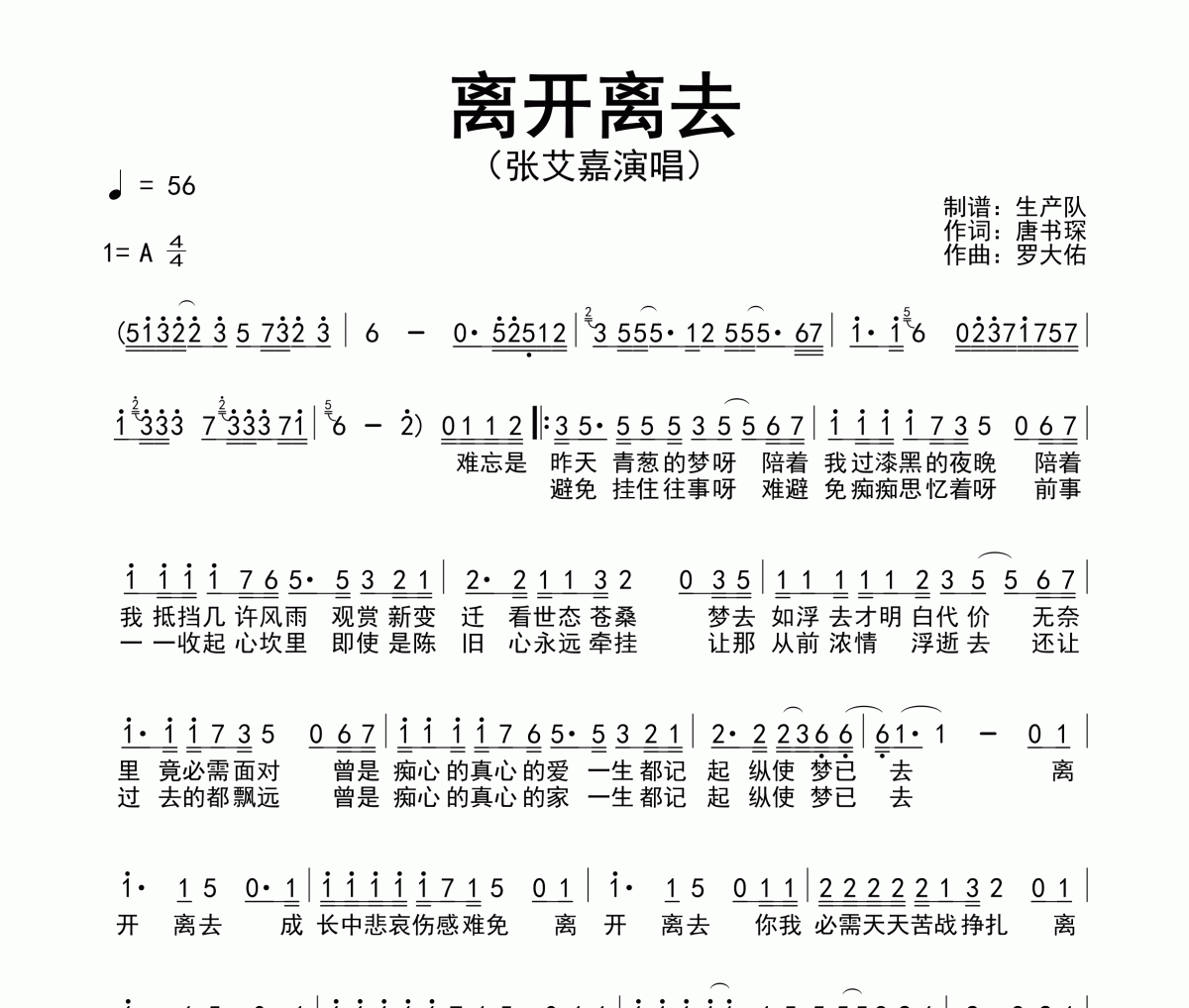 离开离去简谱 张艾嘉《离开离去》简谱A调