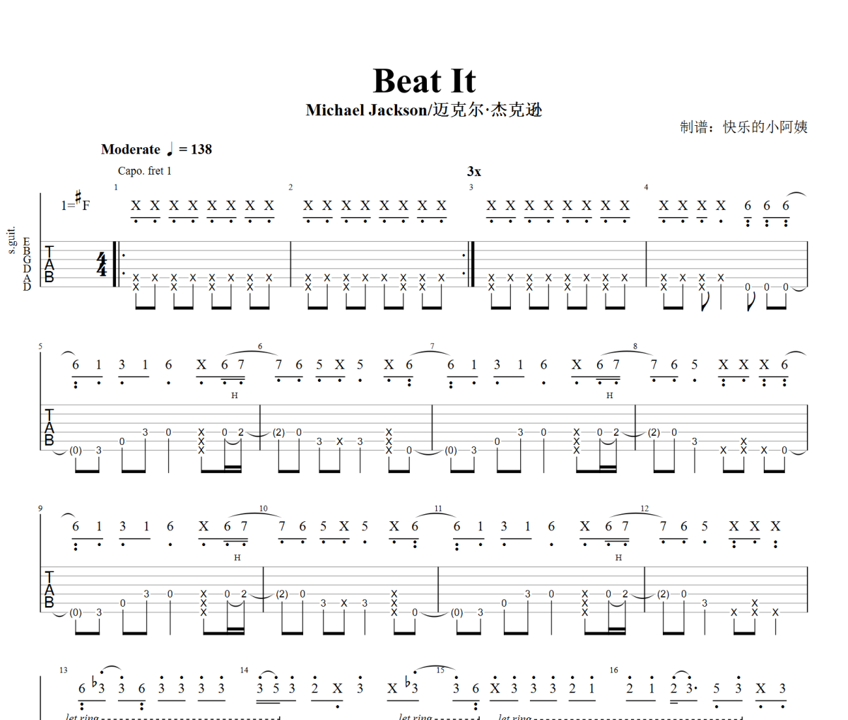 Beat It吉他谱 Michael Jackson/迈克尔·杰克逊《Beat It》六线谱#F调吉他谱