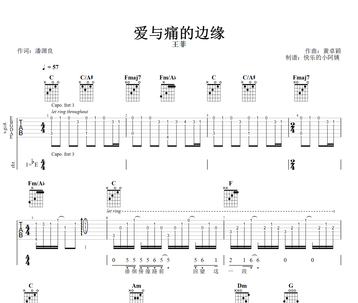 爱与痛的边缘吉他谱 王菲《爱与痛的边缘》六线谱降E调