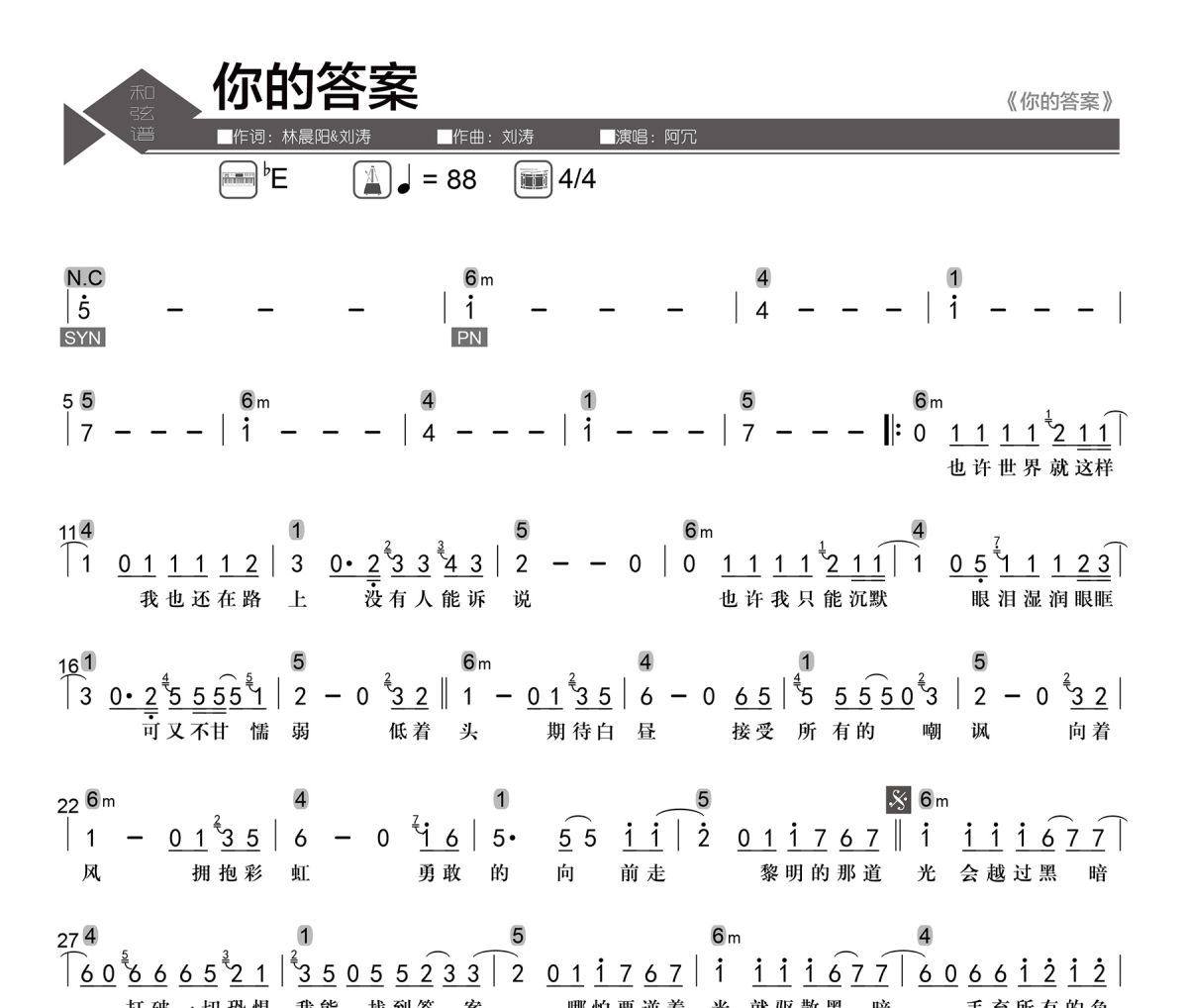 你的答案简谱 阿冗《你的答案》简谱降E调